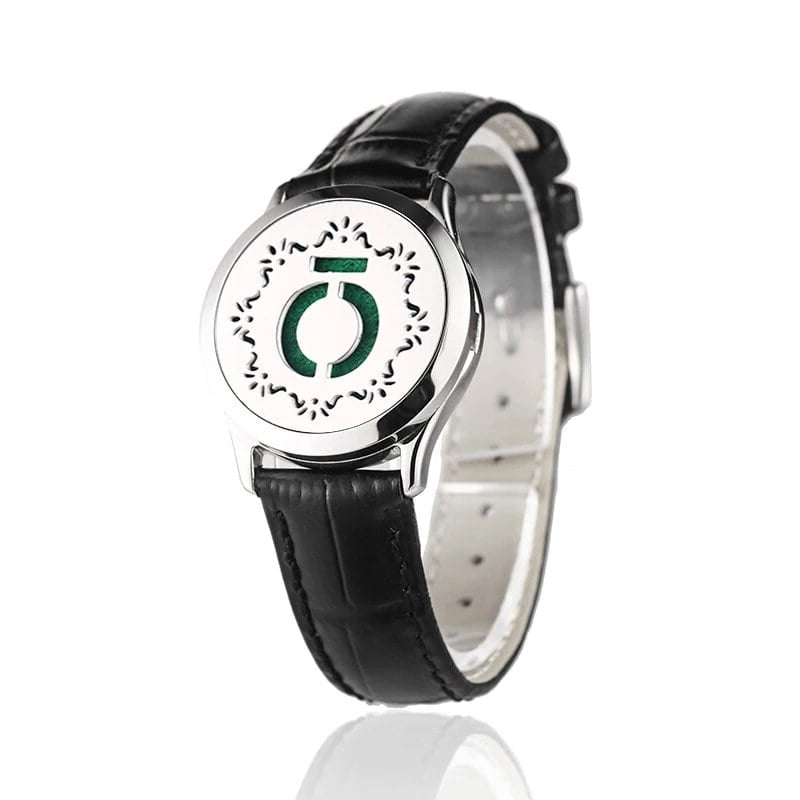 Bracelet diffuseur huile essentielle cuir noir Xera argenté, médaillon cercle stylisé et feuillage sur bracelet en cuir noir