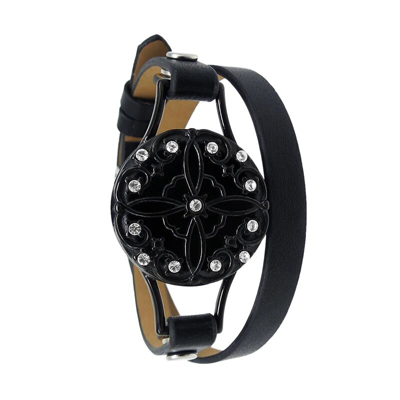 Bracelet diffuseur huile essentielle Flora, médaillon filigrane à rosace sertie de cristaux sur double tour de cuir