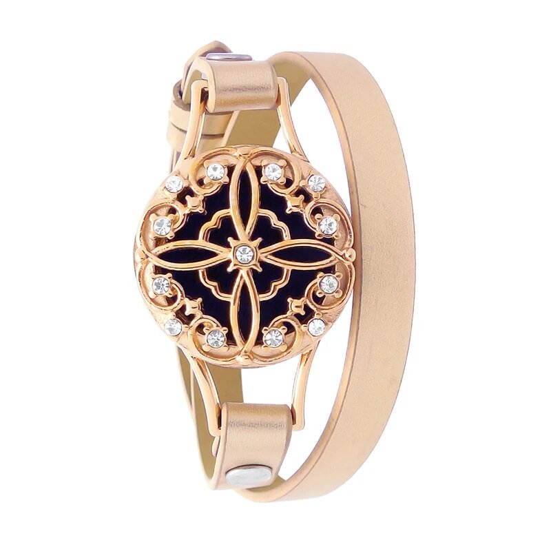 Bracelet diffuseur huile essentielle Flora rose gold, médaillon filigrane à rosace sertie de cristaux sur double tour de cuir