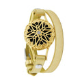 Bracelet diffuseur huile essentielle Lova doré, médaillon mandala ajouré à cristal central sur double tour de cuir