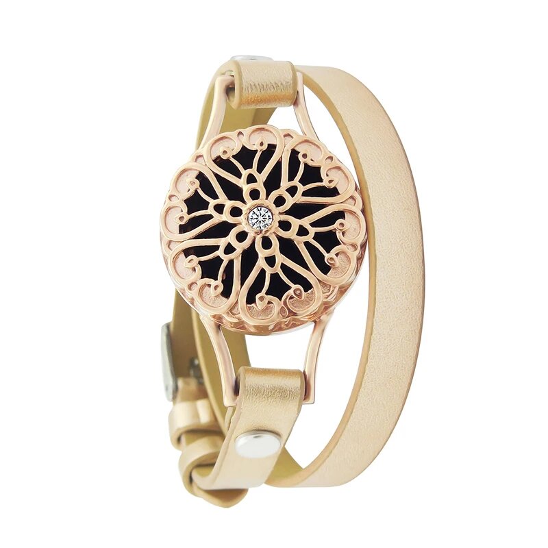 Bracelet diffuseur huile essentielle Lova rose gold, médaillon mandala ajouré à cristal central sur double tour de cuir