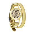 Bracelet diffuseur huile essentielle Octa doré, médaillon ajouré fleur de vie sur double tour de cuir