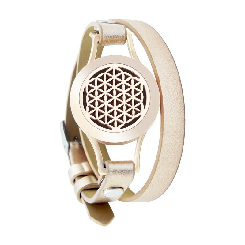 Bracelet diffuseur huile essentielle Octa rose gold, médaillon ajouré fleur de vie sur double tour de cuir