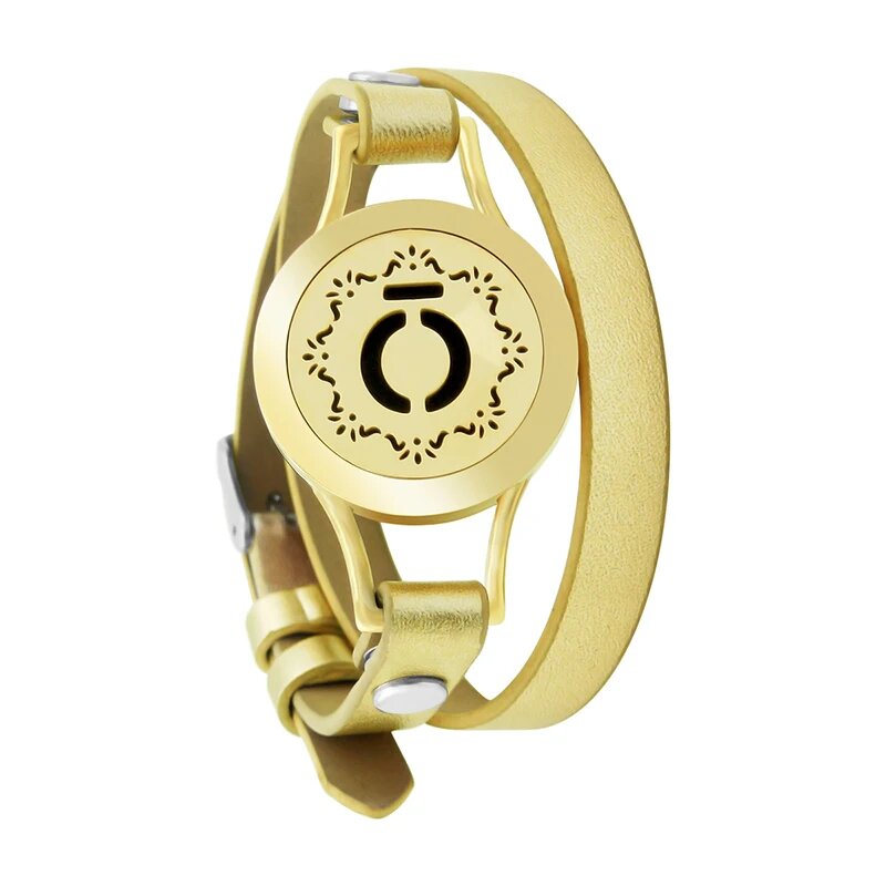 Bracelet diffuseur huile essentielle Xera doré, médaillon cercle stylisé et couronne de feuillage sur double tour de cuir