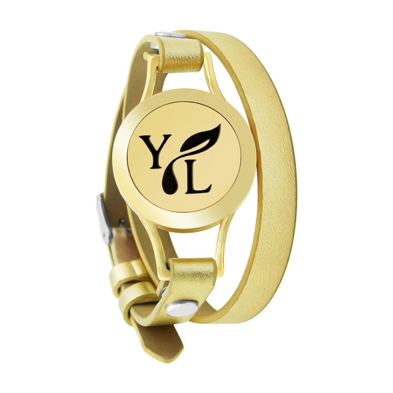 Bracelet diffuseur huile essentielle YL doré, médaillon monogramme YL et feuille sur double tour de cuir