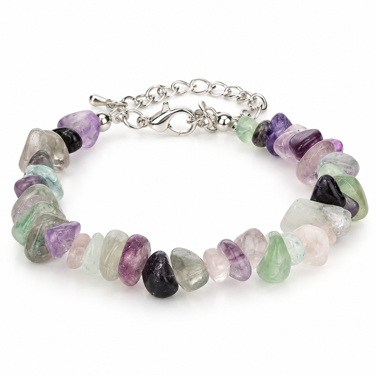 Bracelet Fluorite Breloque, éclats de fluorite multicolores avec fermoir et chaînette