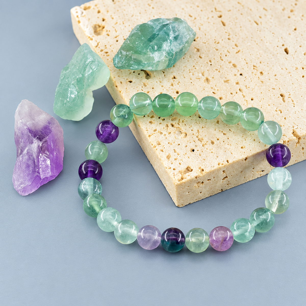 Bracelet Fluorite Classique, perles rondes de fluorite verte et violette de 8 mm