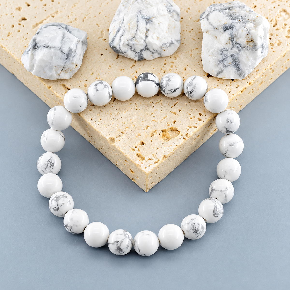 Bracelet Howlite Classique, perles rondes d’howlite blanche veinée de gris de 8 mm