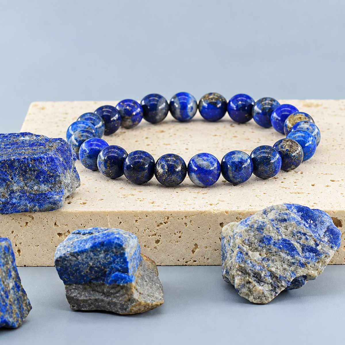 Bracelet Lapis Lazuli Classique, perles rondes de lapis-lazuli de 8 mm pailletées de pyrite