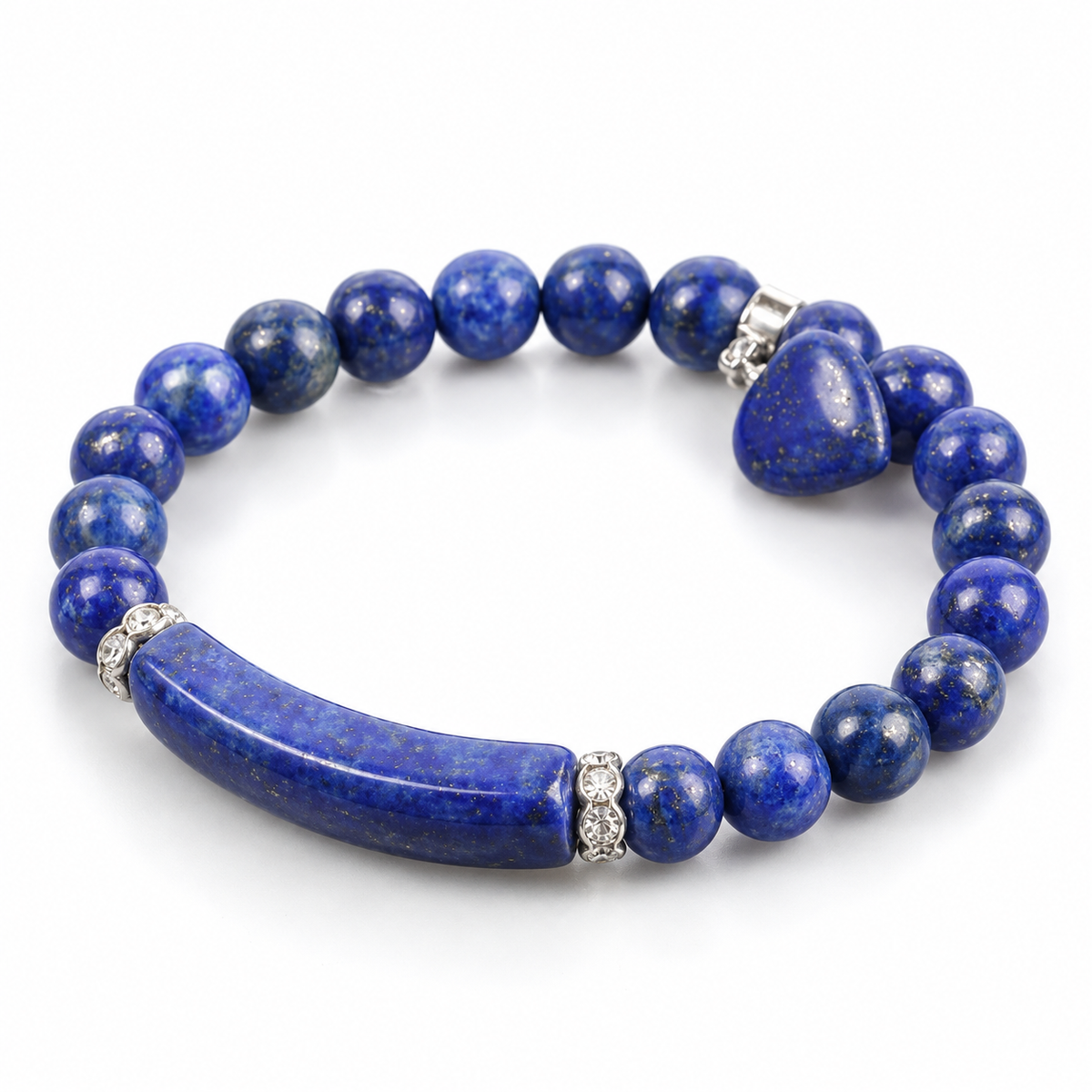 Bracelet Lapis Lazuli Coeur, perles de lapis-lazuli, barrette entre strass et breloque cœur