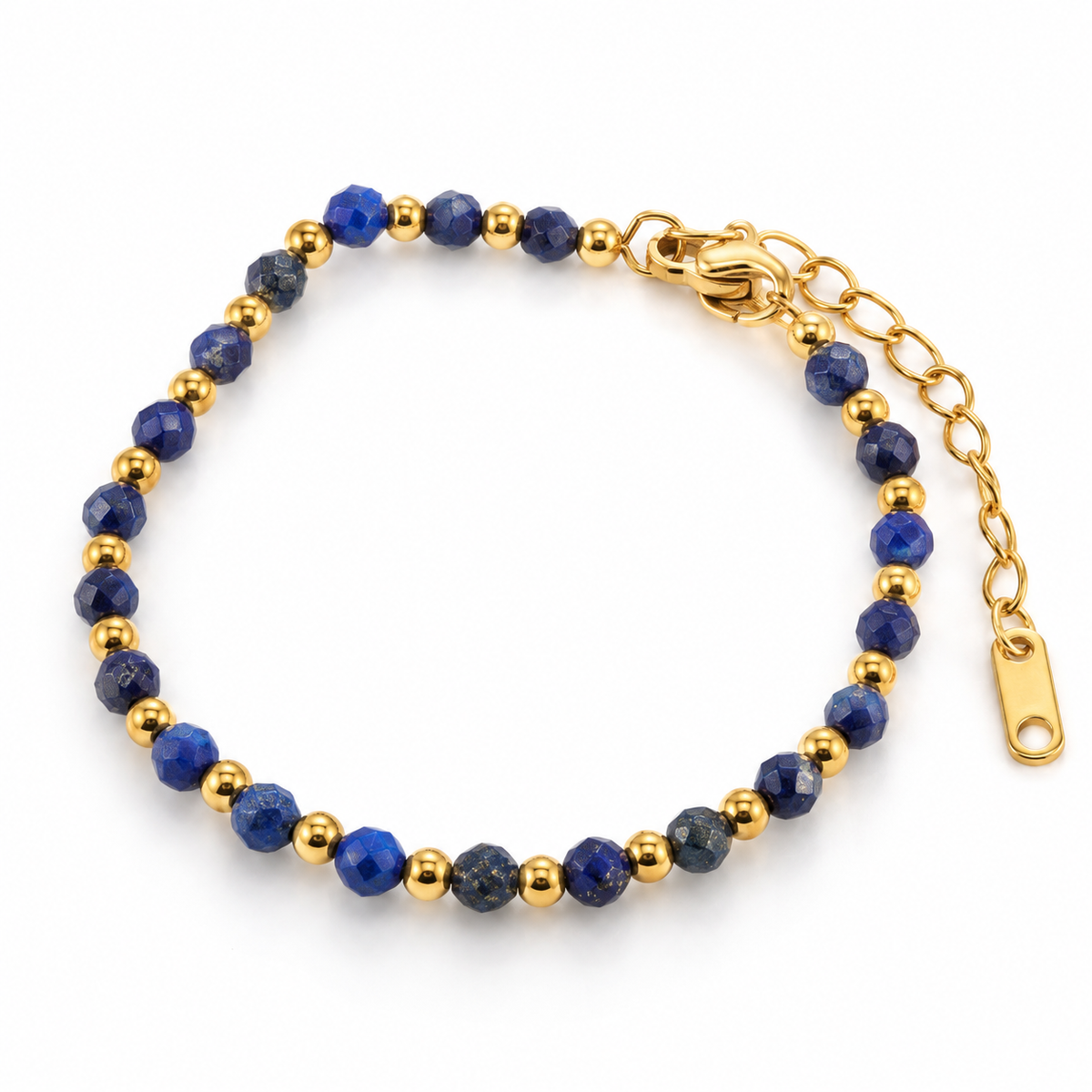 Bracelet Lapis Lazuli Fashion, perles facettées de lapis-lazuli et billes dorées avec fermoir