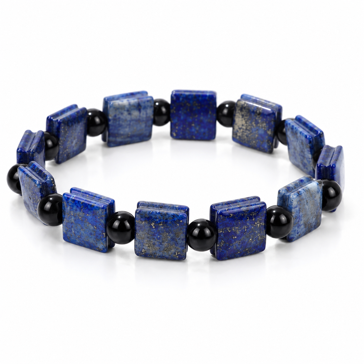 Bracelet Lapis Lazuli Pierres Carrées, pierres carrées de lapis-lazuli alternées de perles noires