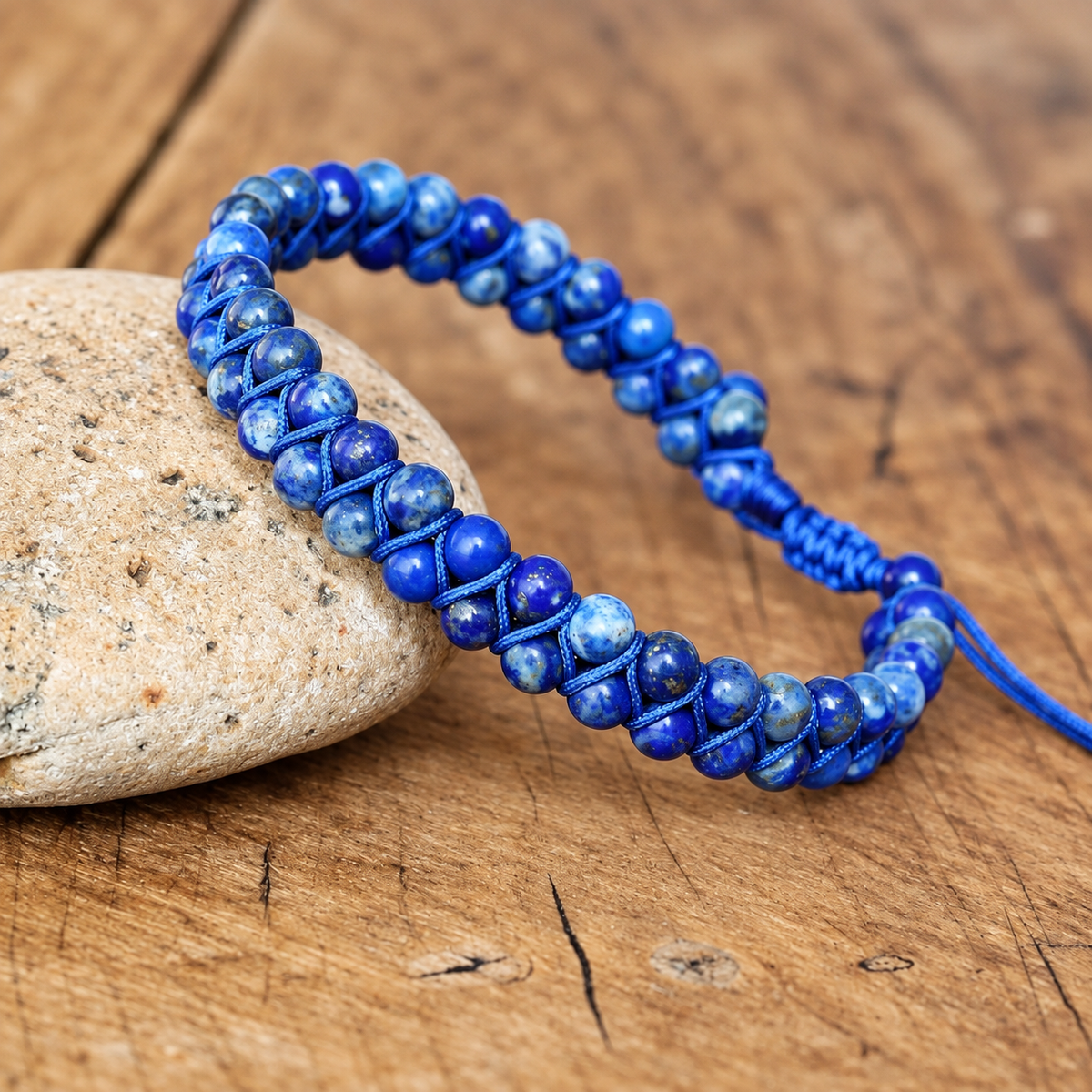Bracelet Lapis Lazuli Tressé, double rang de perles de lapis-lazuli de 4 mm sur cordon bleu tressé