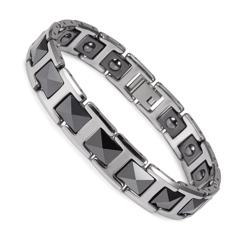 Bracelet magnétique Celsus, maillons argentés sertis de pierres noires taillées en pointe