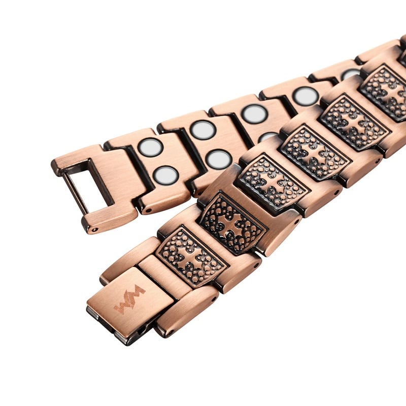 Bracelet magnétique Cross, large bracelet en cuivre à plaques ciselées et double rangée d’aimants