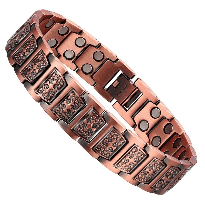 Bracelet magnétique Cross, large bracelet en cuivre à plaques ciselées et double rangée d’aimants