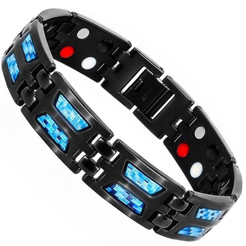 Bracelet magnétique Elyor, maillons noirs incrustés de motifs bleus façon fibre de carbone