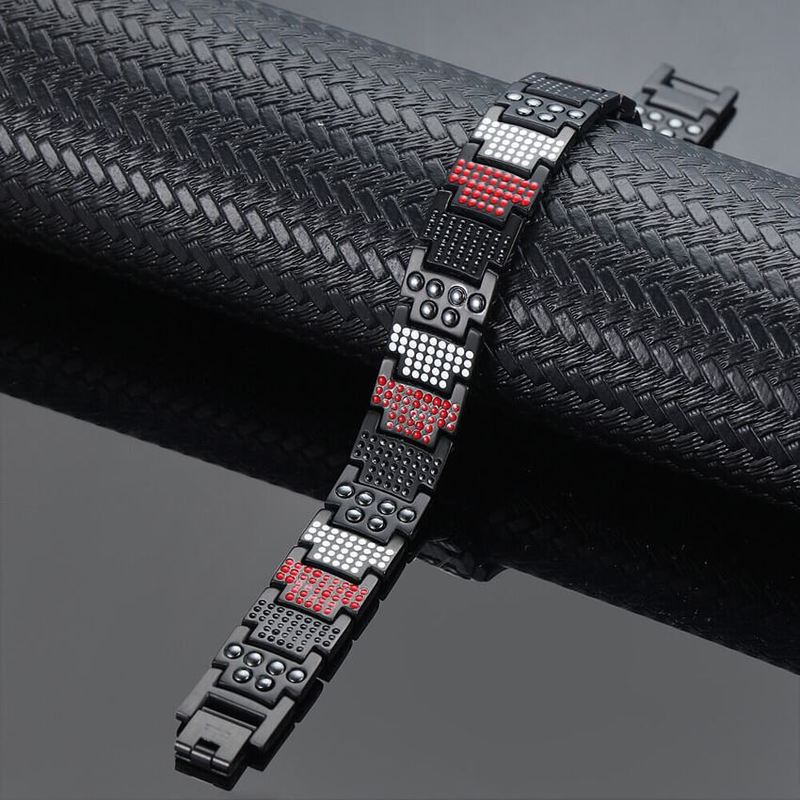 Bracelet magnétique Multi, maillons noirs pavés de pierres rouges et blanches