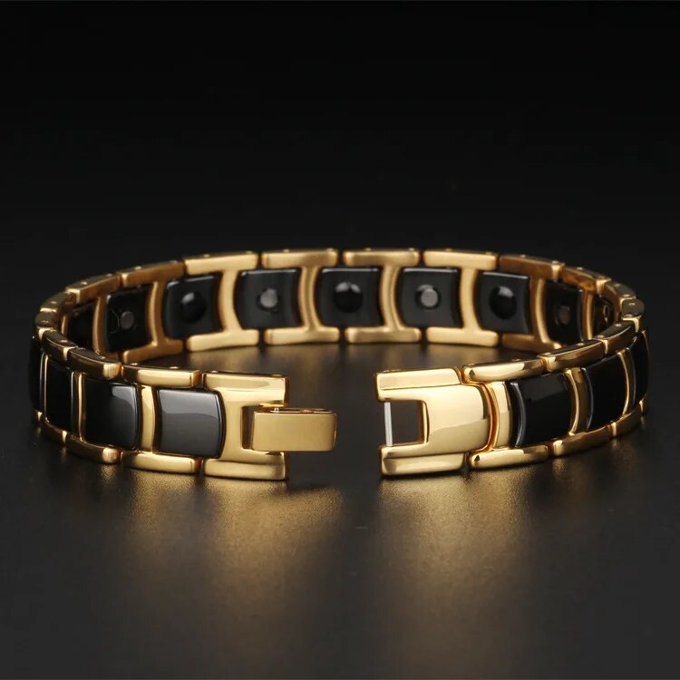 Bracelet magnétique Quilus, maillons dorés incrustés de plaques noires