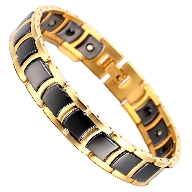 Bracelet magnétique Quilus, maillons dorés incrustés de plaques noires