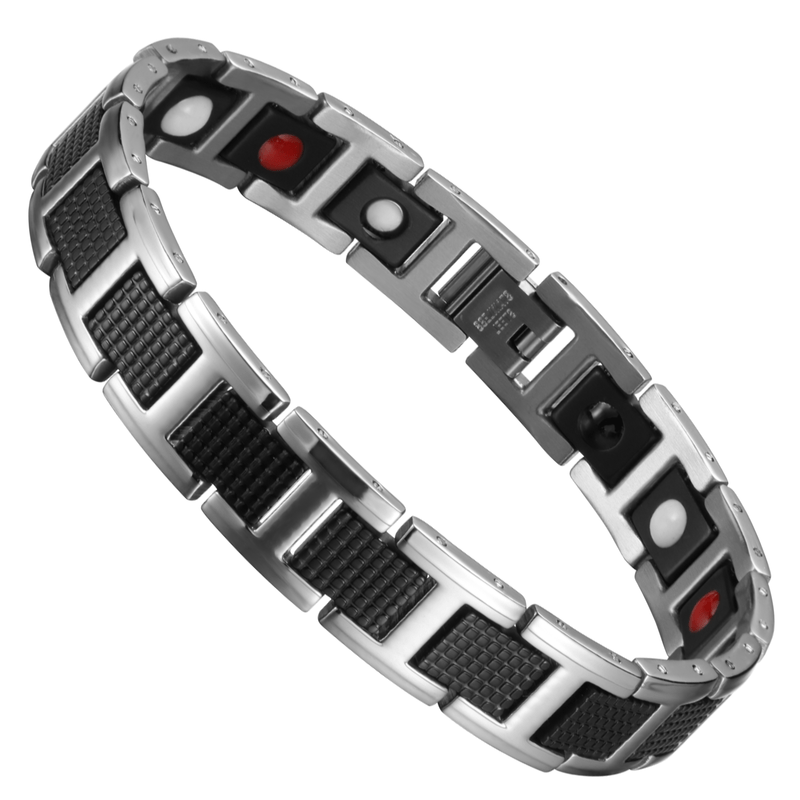 Bracelet magnétique Storm, maillons argentés incrustés de motifs noirs façon fibre de carbone