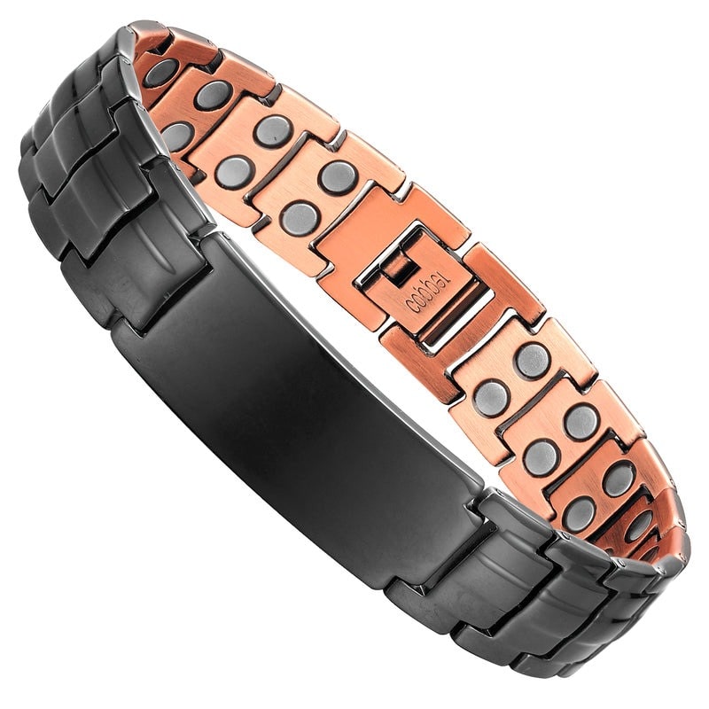 Bracelet magnétique Tom, bracelet à plaque noire façon gourmette, intérieur en cuivre