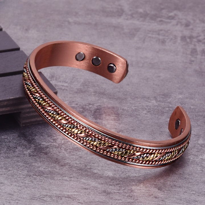Bracelet magnétique Vintage, jonc ouvert à torsades tricolores cuivre, argent et or
