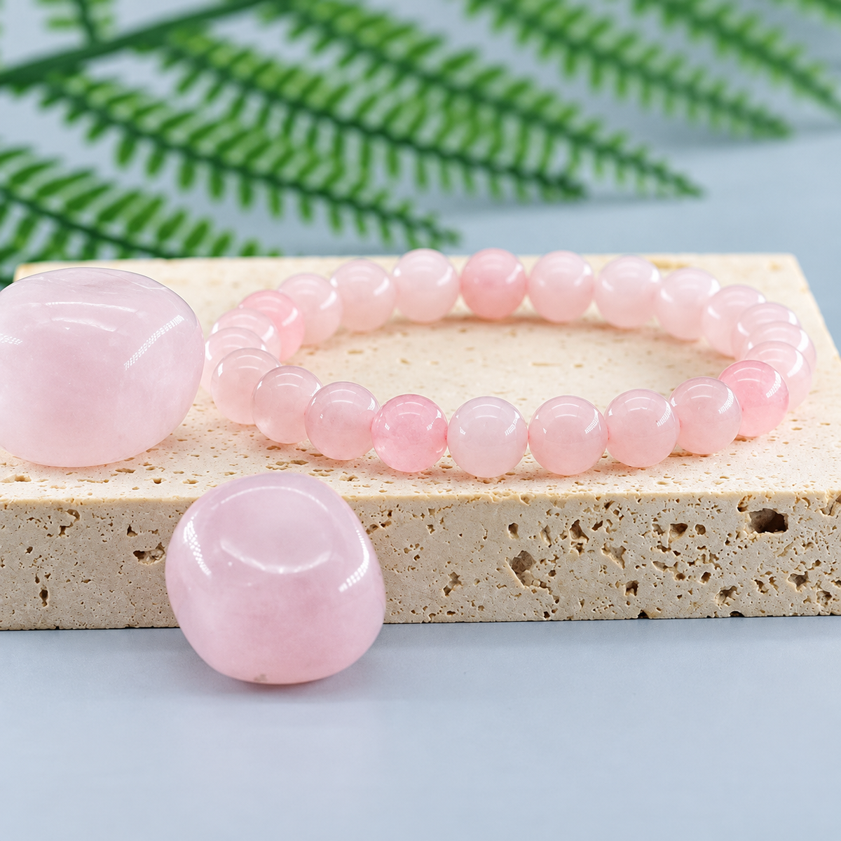 Bracelet Quartz Rose Classique, perles rondes de quartz rose de 8 mm sur élastique