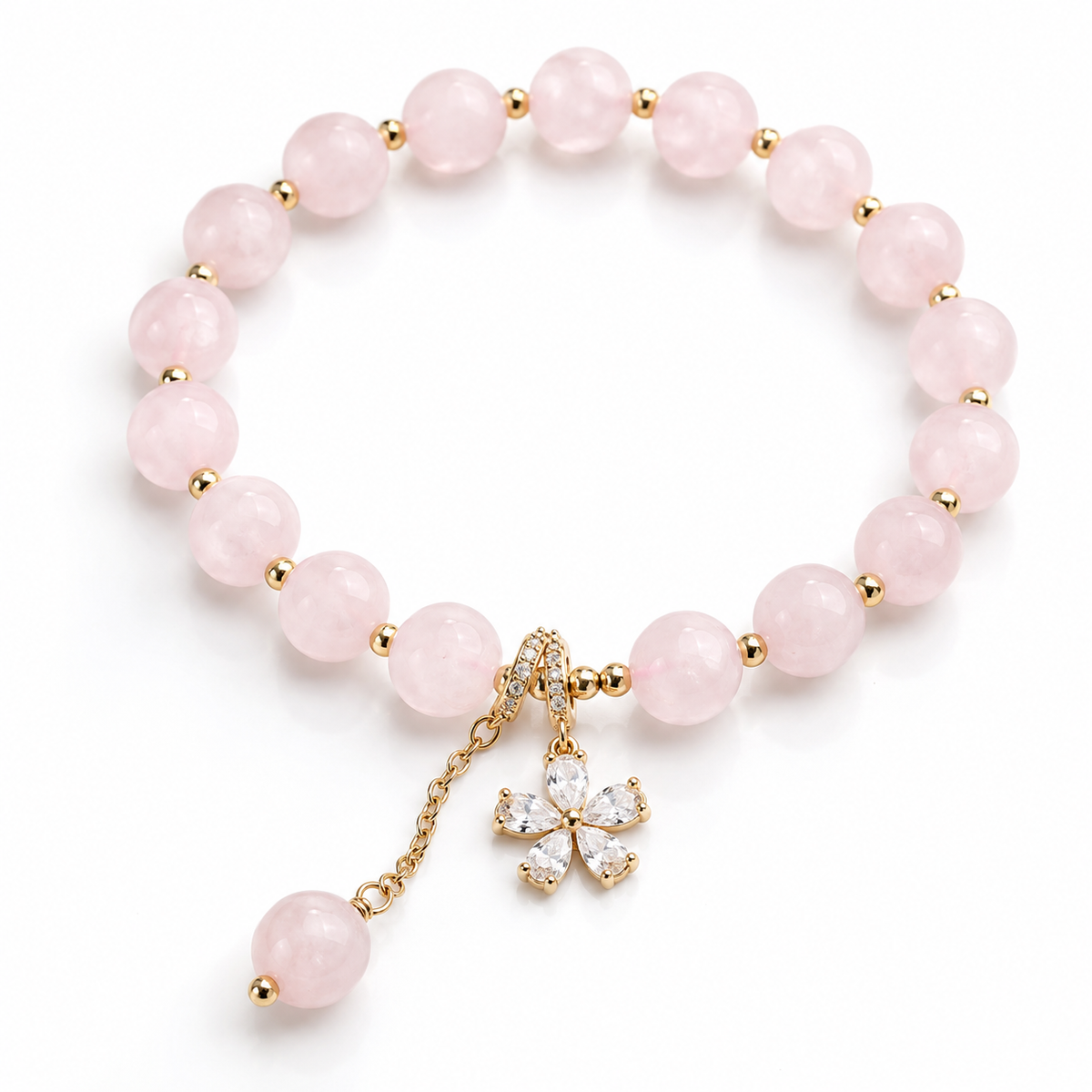 Bracelet Quartz Rose Floral, perles de quartz rose, perles dorées et breloque fleur sertie de zircons