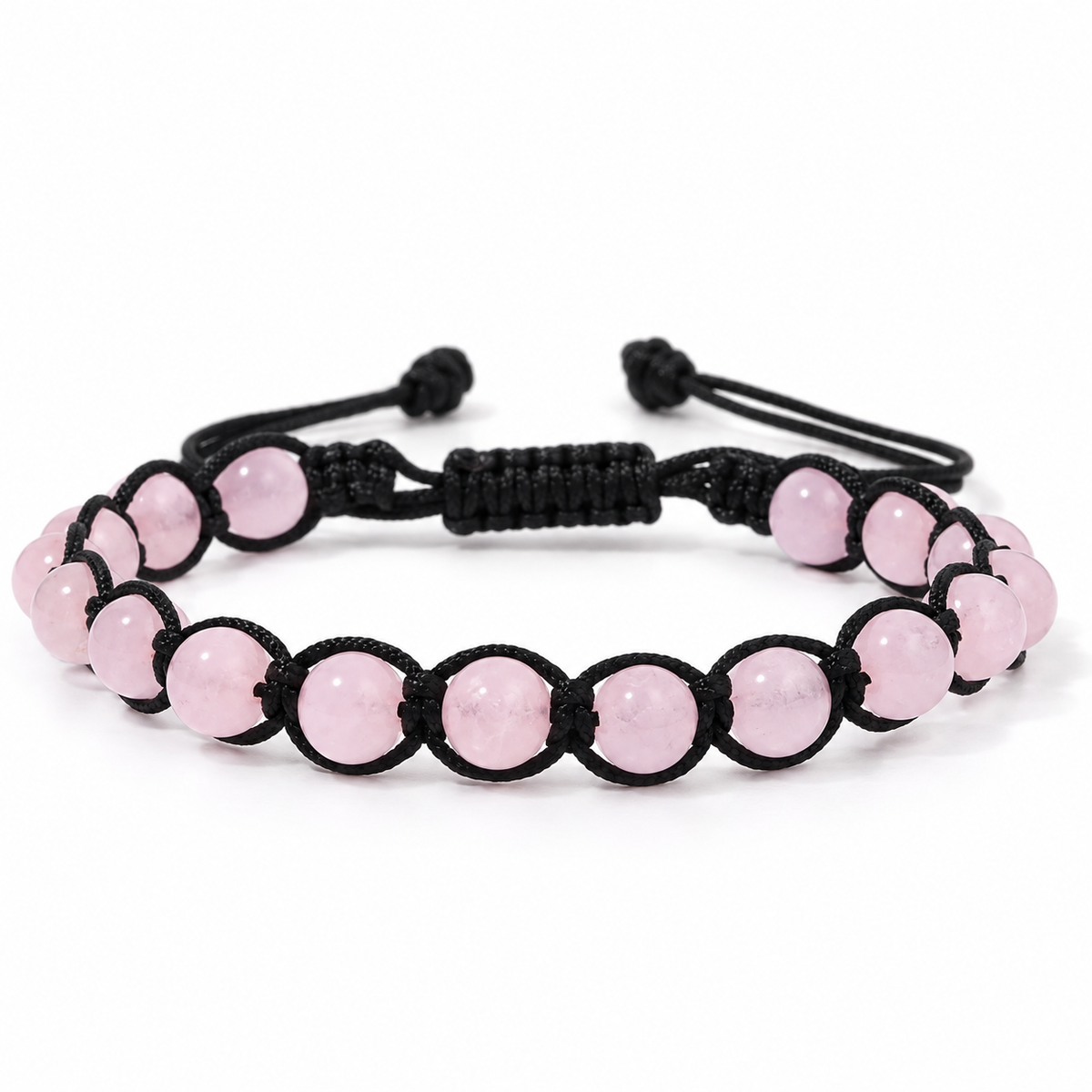 Bracelet Quartz Rose Tressé, perles de quartz rose de 6 mm sur cordon noir tressé