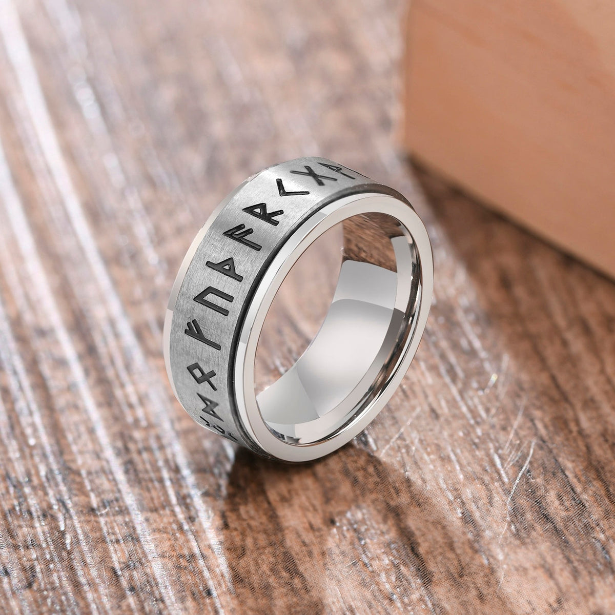 Bague anti-stress anneau tournant Alphabet Viking argentée, anneau tournant gravé de runes vikings