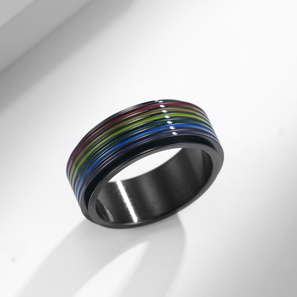 Bague anti-stress anneau tournant Arc-En-Ciel, anneau tournant à fines rayures arc-en-ciel