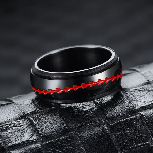 Bague anti-stress anneau tournant Baseball, anneau tournant noir orné d’une couture rouge de balle de baseball