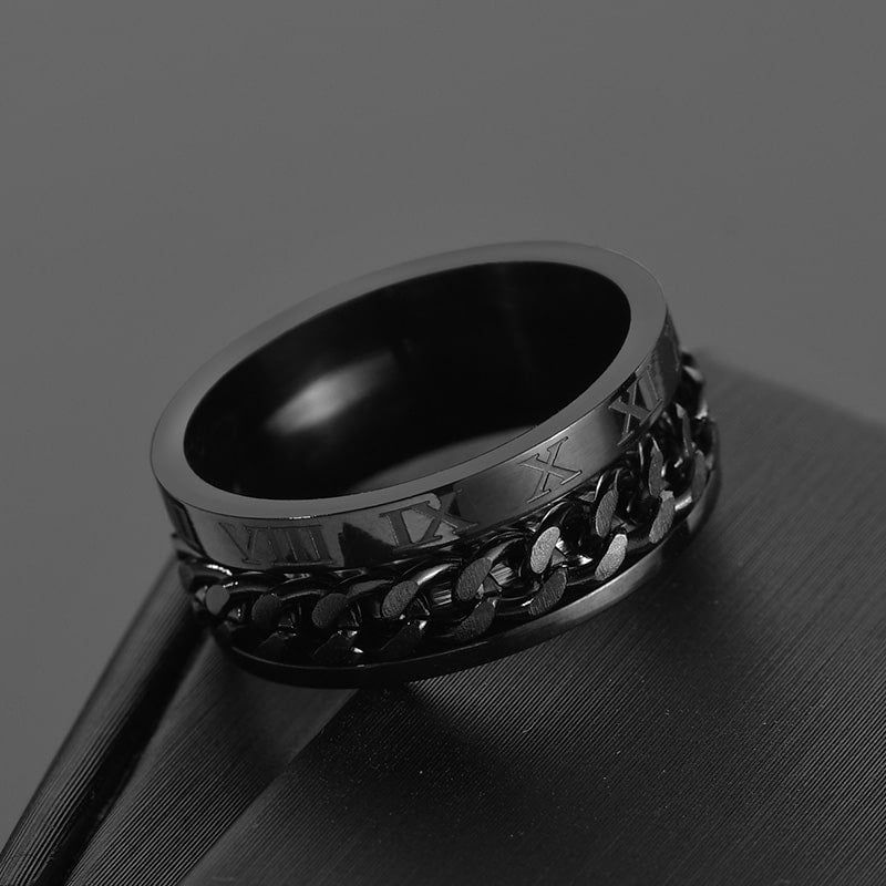 Bague anti-stress anneau tournant Chaîne Chiffrée, bague gravée de chiffres romains avec chaîne gourmette tournante