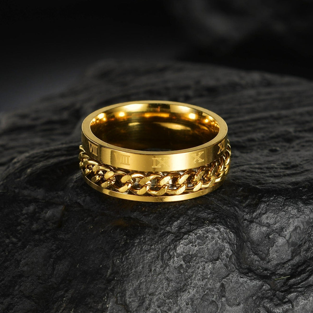 Bague anti-stress anneau tournant Chaîne Chiffrée dorée, bague gravée de chiffres romains avec chaîne gourmette tournante