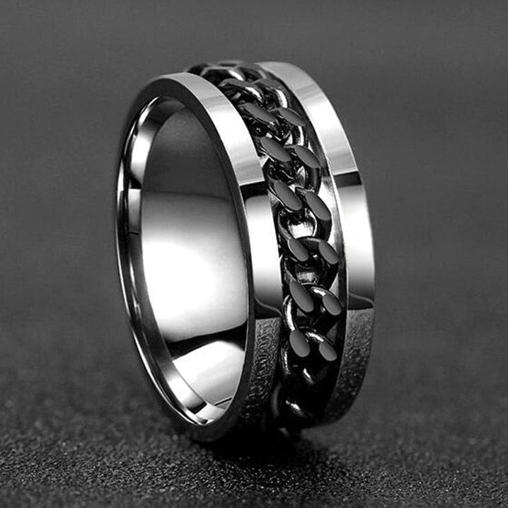 Bague anti-stress anneau tournant Chaîne Colorée, chaîne gourmette dorée tournante sur bague argentée