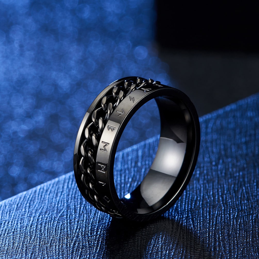 Bague anti-stress anneau tournant Chaîne Viking, bague gravée de runes vikings avec chaîne gourmette tournante