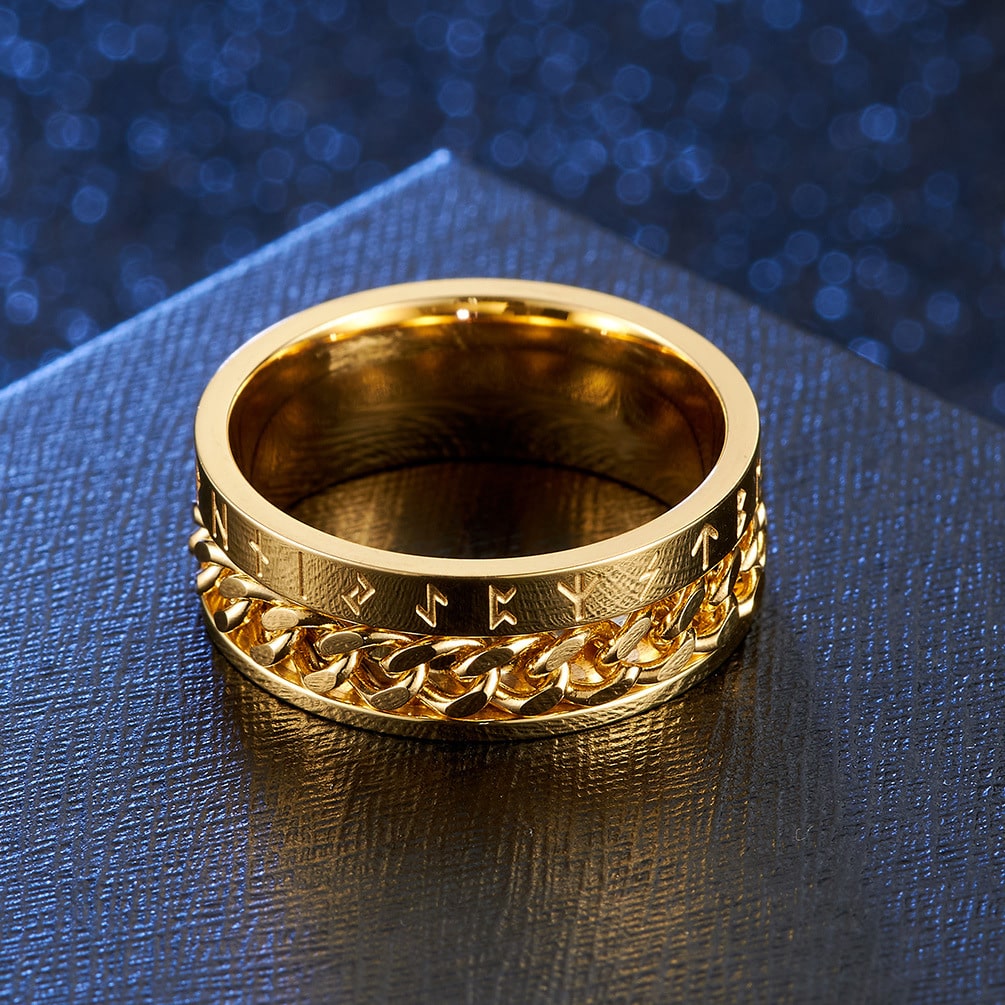 Bague anti-stress anneau tournant Chaîne Viking dorée, bague gravée de runes vikings avec chaîne gourmette tournante