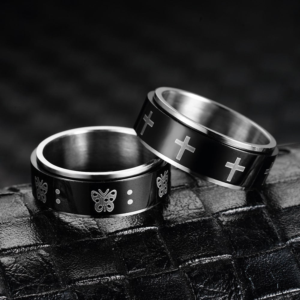 Bague anti-stress anneau tournant Death, anneau tournant noir orné de croix blanches