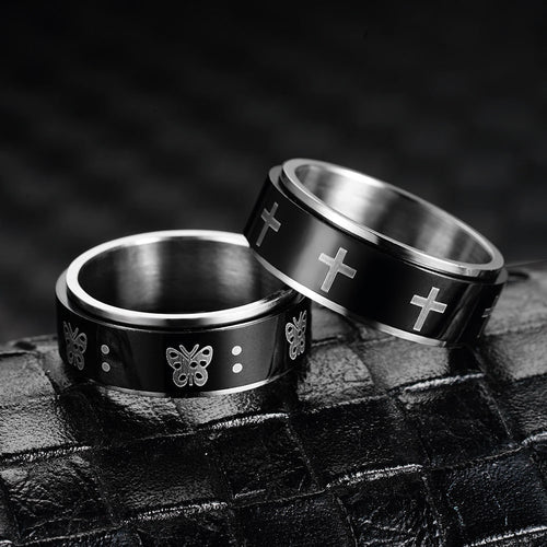Bague anti-stress anneau tournant Death, anneau tournant noir orné de croix blanches