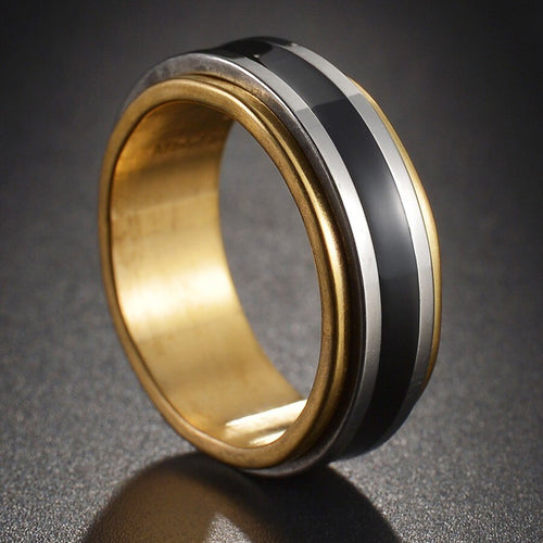 Bague anti-stress anneau tournant Design dorée, anneau tournant à bande noire sur bague en acier