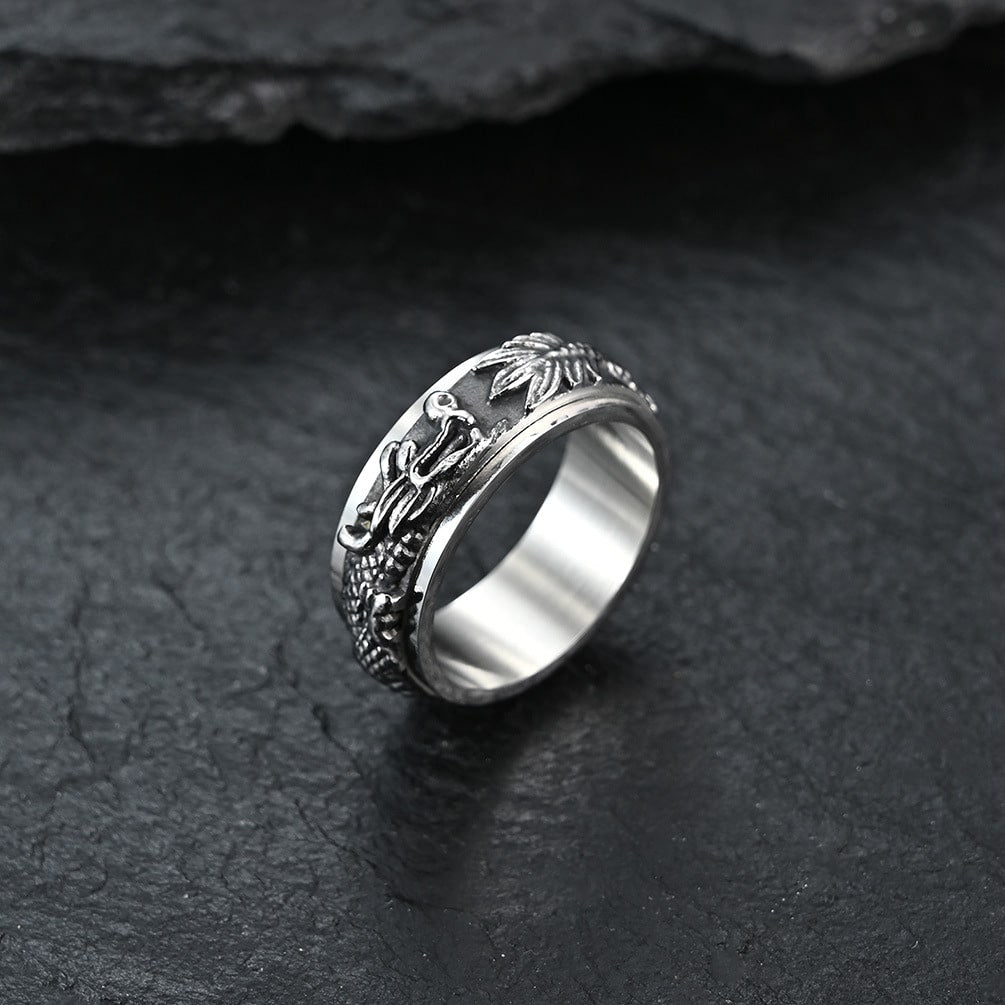 Bague anti-stress anneau tournant Dragon argentée, anneau tournant orné d’un dragon doré en relief
