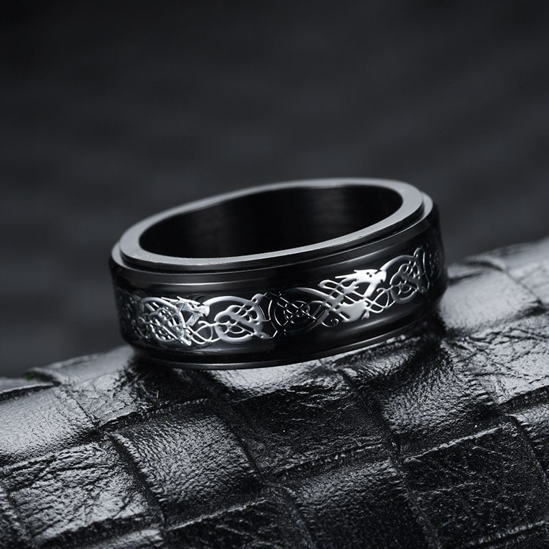 Bague anti-stress anneau tournant Dragon Nocturne, anneau tournant noir gravé d’un dragon celtique entrelacé