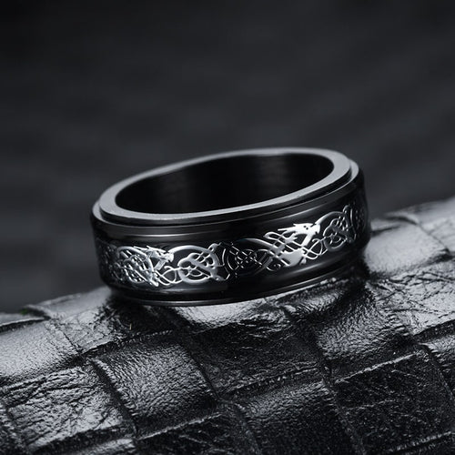 Bague anti-stress anneau tournant Dragon Nocturne, anneau tournant noir gravé d’un dragon celtique entrelacé