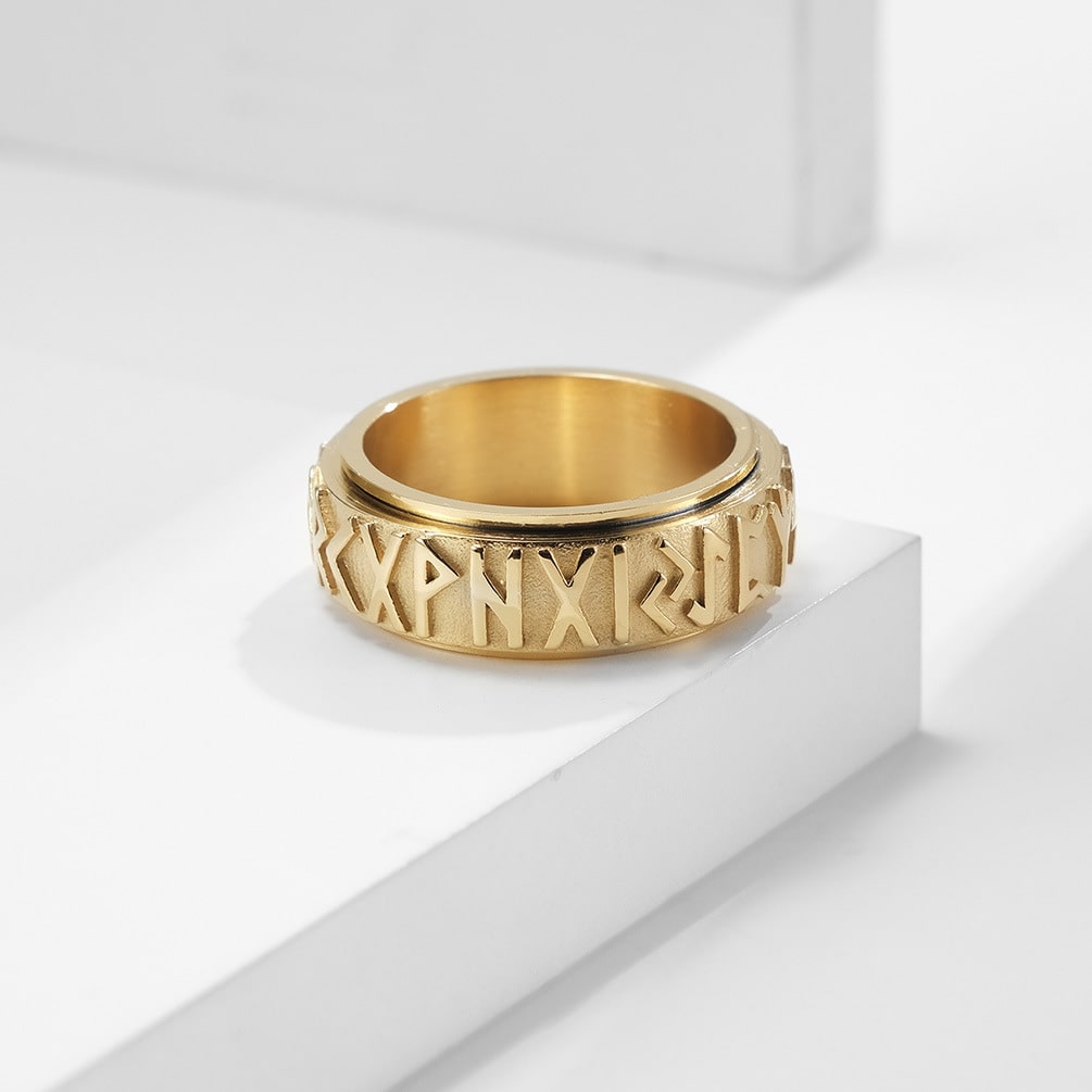 Bague anti-stress anneau tournant Écriture Viking dorée, anneau tournant à runes vikings en relief, patine sombre