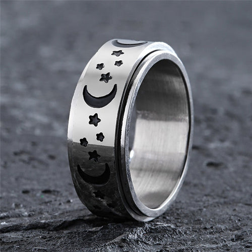 Bague anti-stress anneau tournant Lune Étoilé, anneau tournant gravé de croissants de lune et d’étoiles noirs
