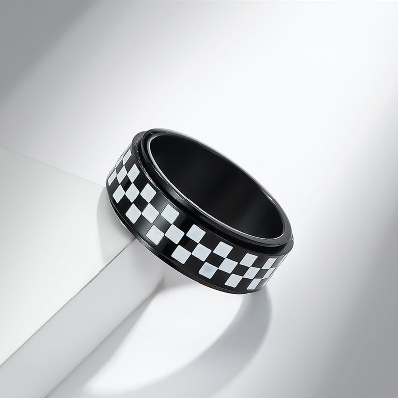 Bague anti-stress anneau tournant Mosaïque, anneau tournant à damier noir et argent