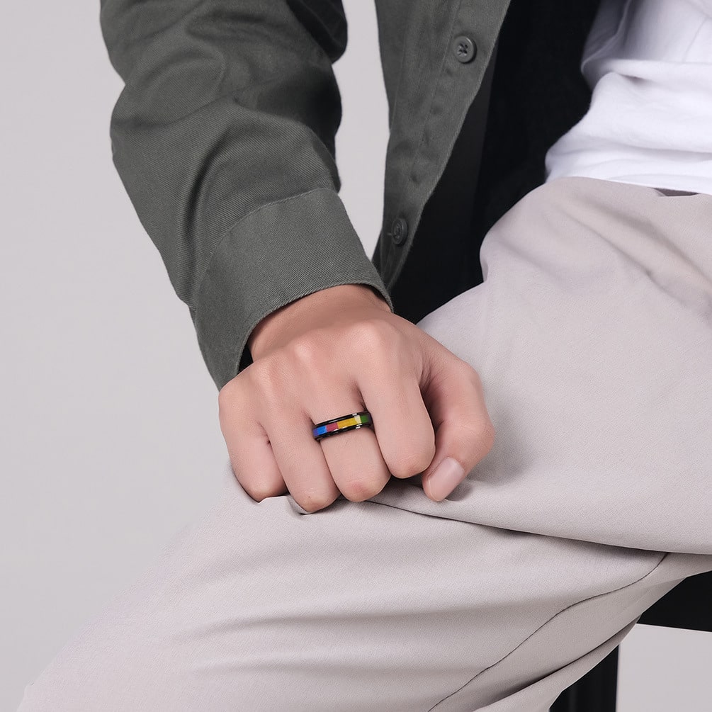 Bague anti-stress anneau tournant Multicolore, anneau tournant à blocs de couleurs arc-en-ciel, portée au doigt