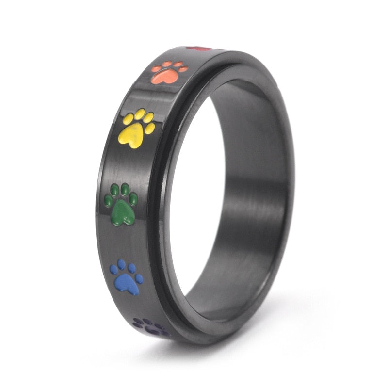 Bague anti-stress anneau tournant Patte De Chat, anneau tournant orné d’empreintes de pattes de chat multicolores