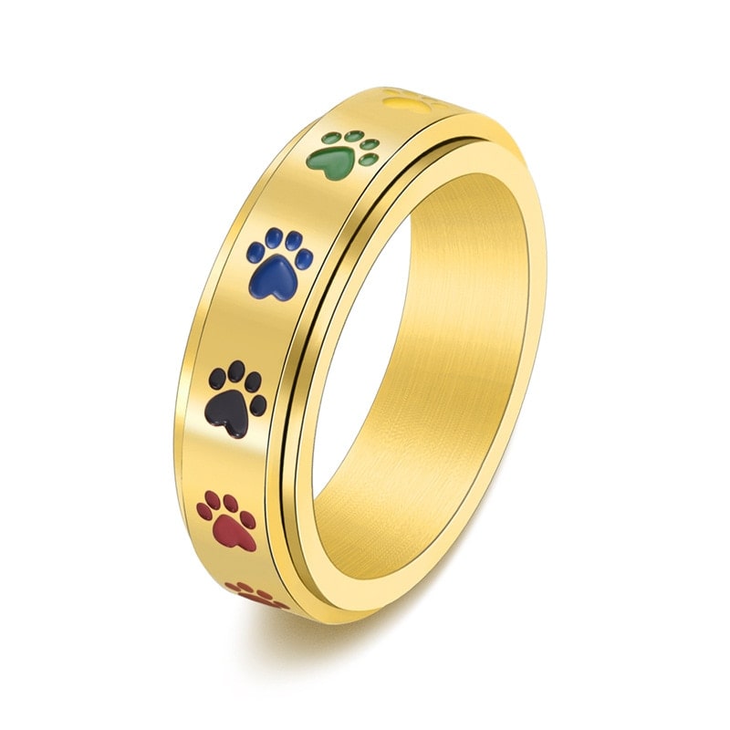 Bague anti-stress anneau tournant Patte De Chat dorée, anneau tournant orné d’empreintes de pattes de chat multicolores